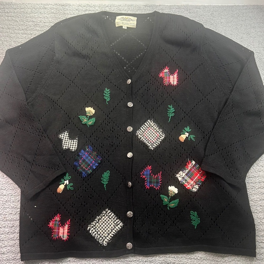 Susan Bristol Cardigan Patchwork Scottie Dog Black 2W Vintage 90s Cottagecore 95